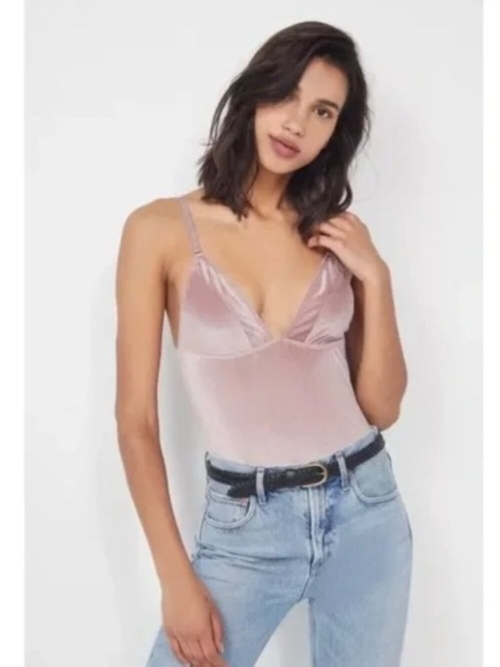 UO Shayla Ribbed Velvet Plunging Bodysuit